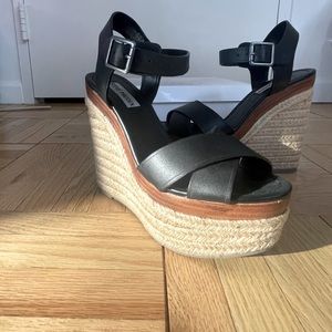 NWOT Steve Madden Paso Black Leather Espadrille Wedges